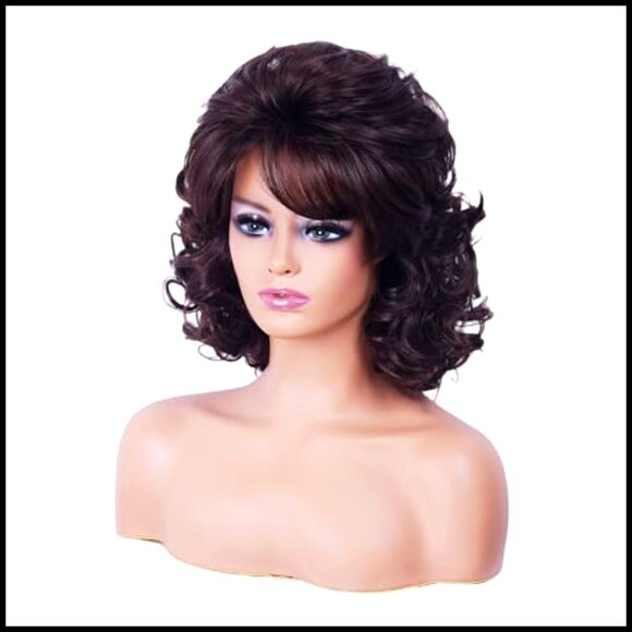 Synthetic Wavy Vintage Wig with Bangs Shoulder Length Heat Resistant Daily Use